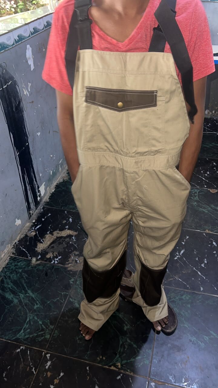 Beige bib overall, front view