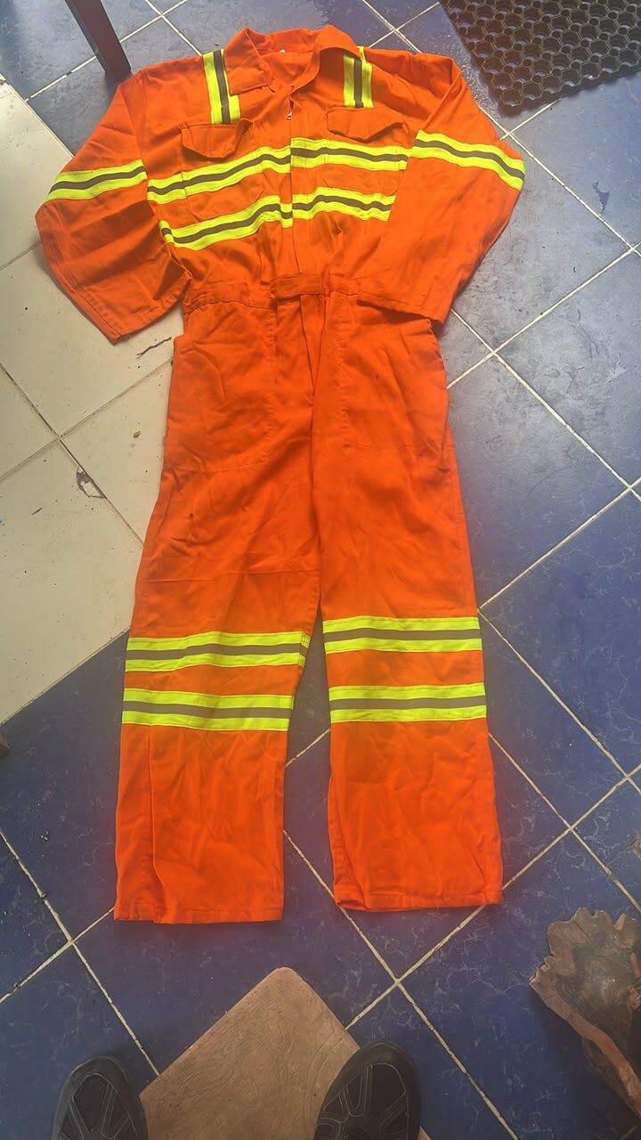 Orange overall with reflective bands, full length